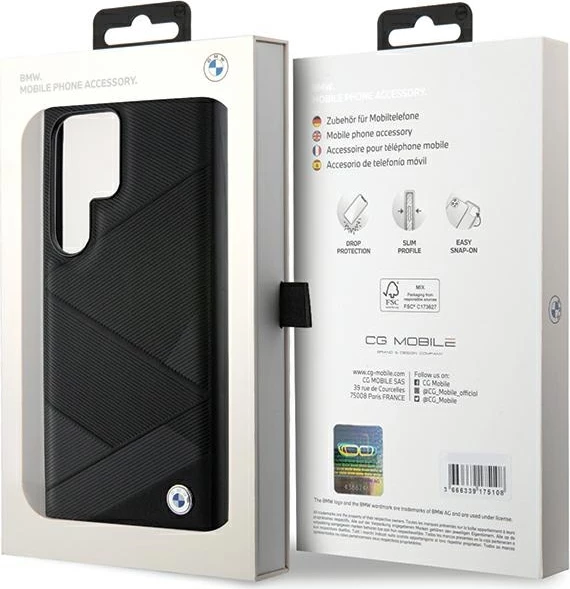 Mbështjellës BMW Signature Leather Crossing Lines Pattern për Samsung Galaxy S24 Ultra S928, i zi