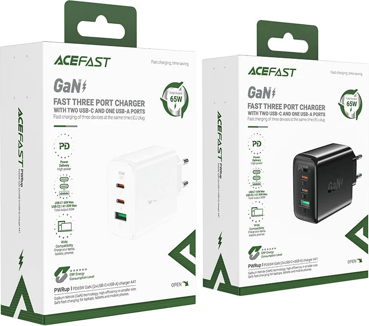 Karikues i shpejtë murit Acefast A41, 65W, 2x USB-C / USB-A, i bardhë