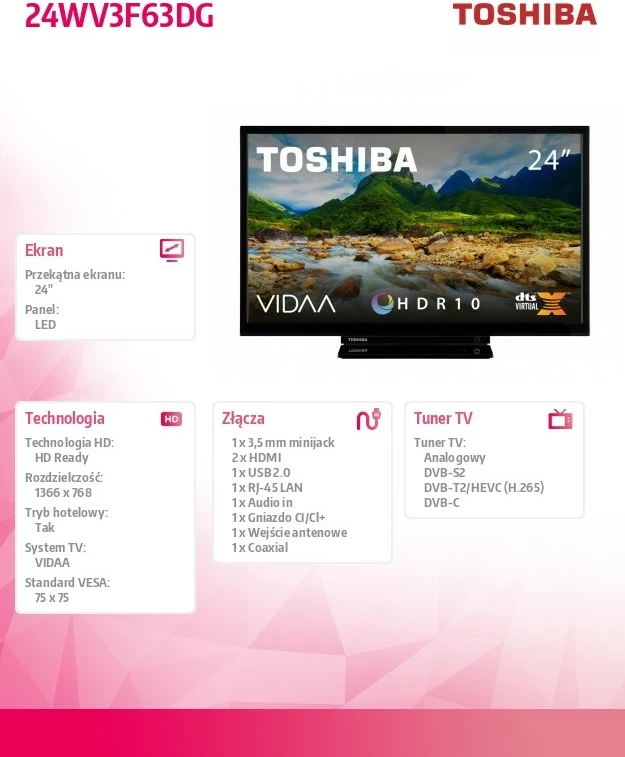 Televizor LED Toshiba 24WV3F63DG, 24 inç, HD Ready, Smart TV, i zi