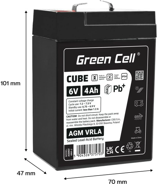 Bateri AGM VRLA, Green Cell, AGM6V4AH-J, 6V 4Ah, IP54, 101x70x47 mm, e zezë