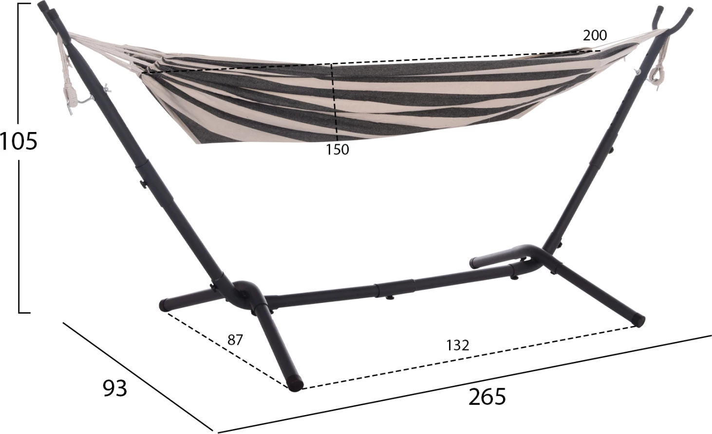 Hamake CRAVE, kornizë metalike antracit, pëlhurë blu me vija të bardha, 265x93x105cm