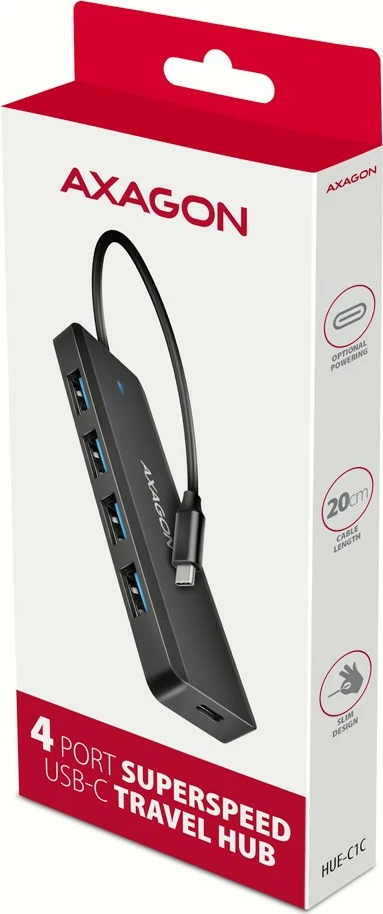 Hub USB AXAGON HUE-C1C, 4 porta, USB 5Gbps, kabllo Type-C 19cm, furnizim shtesë me USB-C, i zi