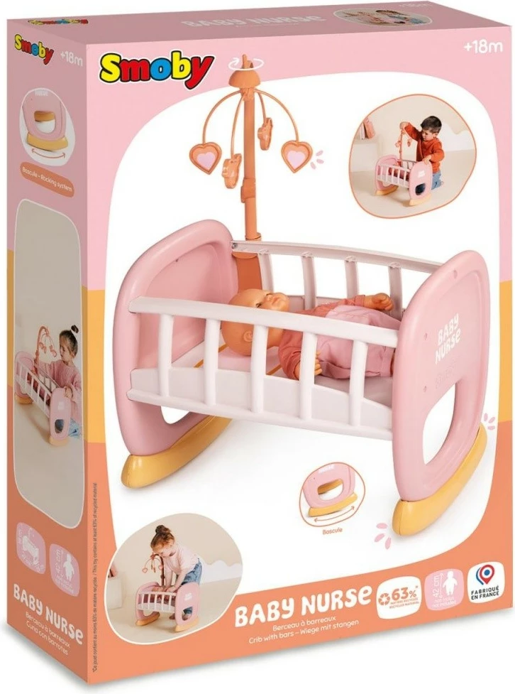 Djep lodër për kukulla Smoby Baby Nurse, plastikë, rozë/bardhë