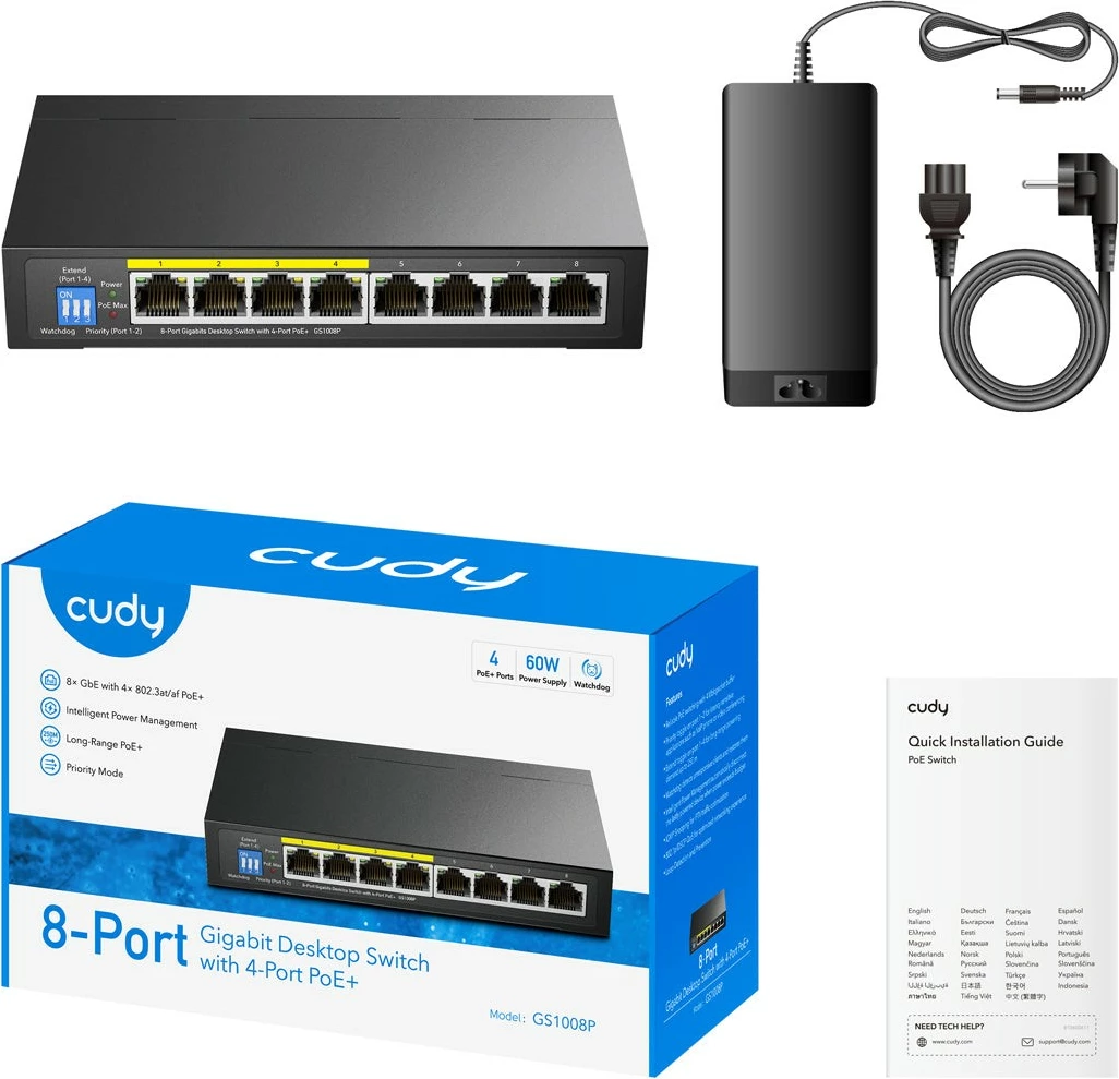 Switch Cudy GS1008P 8 porta Gigabit, 4 PoE+ deri 30W, buxhet 60W, metal