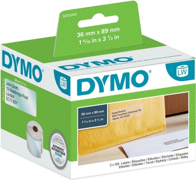 Etiketa adrese ngjitëse, Dymo LabelWriter 99013 Euro (S0722410), 36 x 89 mm, e zezë, 2x130