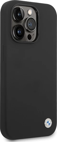 Mbështjellës BMW Silicone Metal Logo për iPhone 15 Pro, i zi