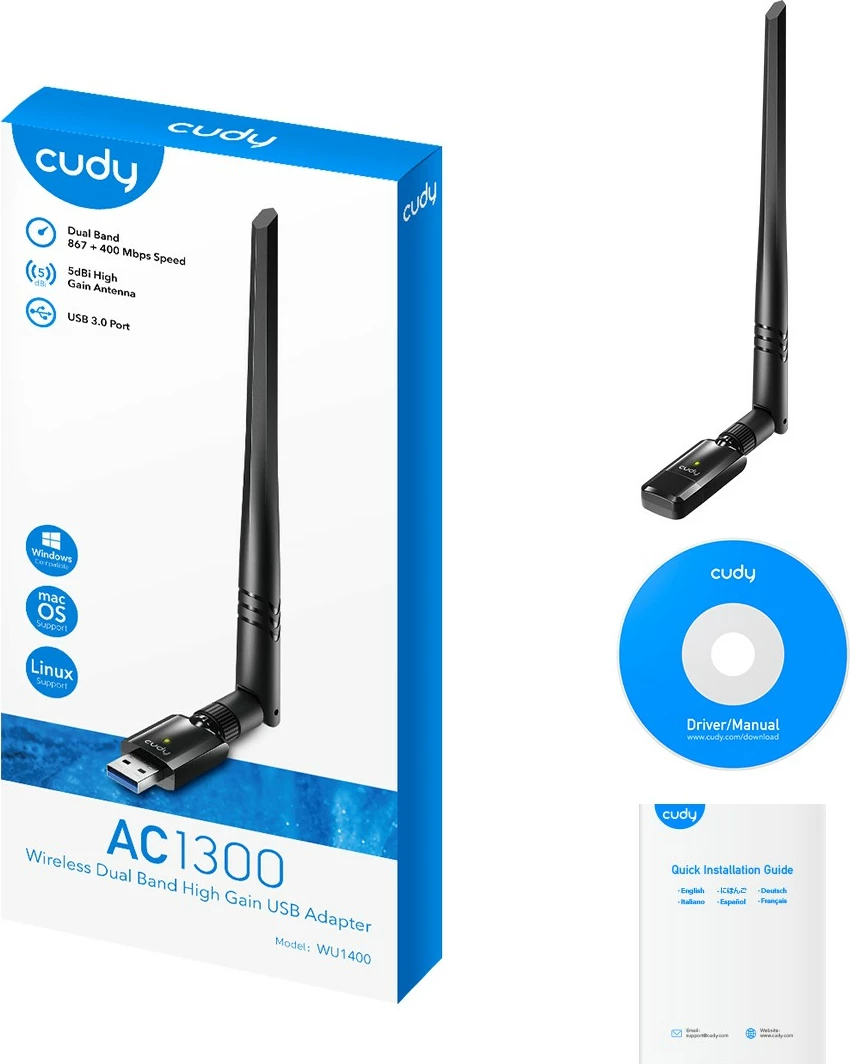 Adapter Wi-Fi Cudy WU1400, USB, WLAN, Wi-Fi 5, 867 Mbit/s, Ngjyrë e zezë