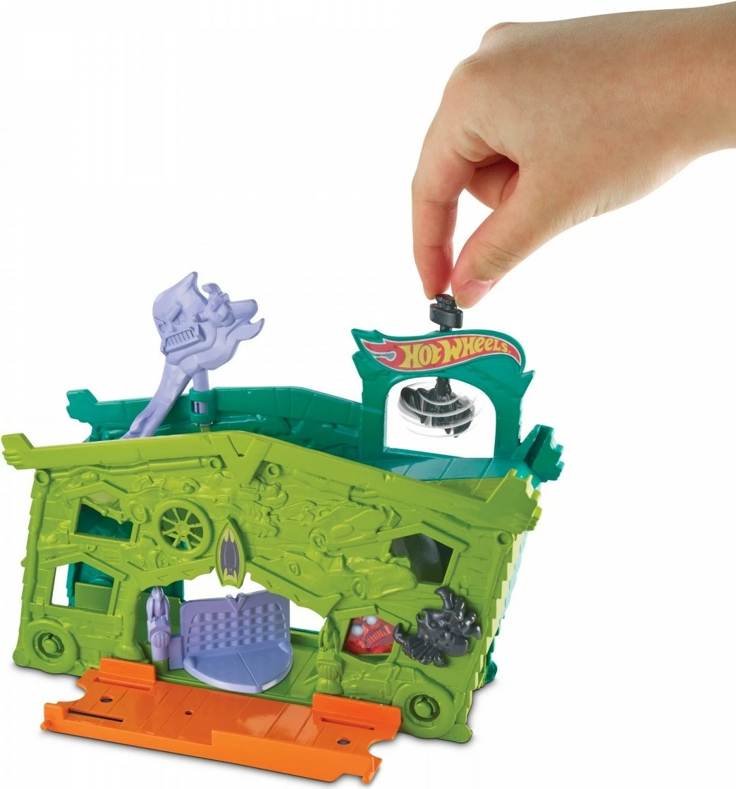 Set garazh lodër Hot Wheels Haunted Garage FJN34/FJN38, me veturë, Jeshile/Portokalli/Vjollcë
