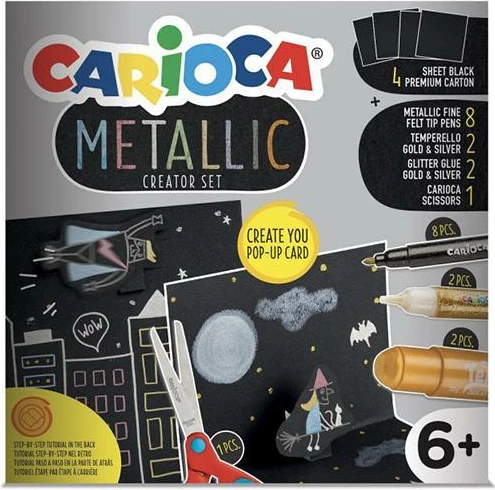 Set krijues Carioca për kartolina pop-up, 8 markerë metalikë, 2 temperello, 2 ngjitës me shkëlqim, Gërshërë, Kartonë të zi