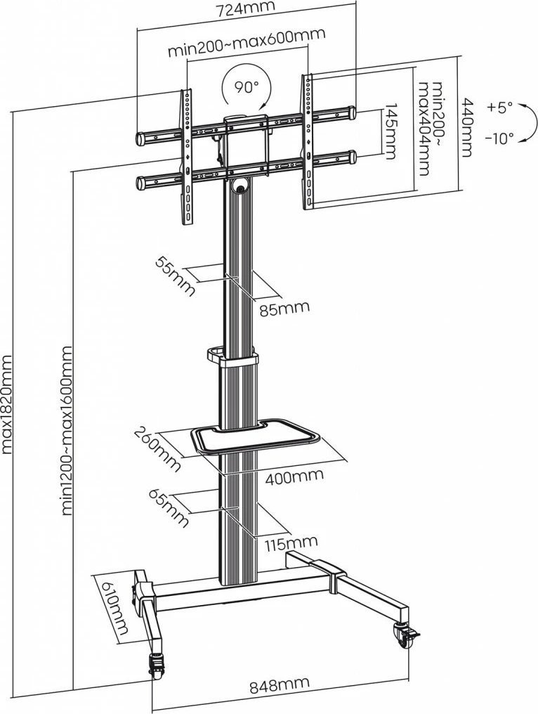 Mbajtës mobil për TV ART STO S-11-AL, për 37-86 inç, 50kg, alumini, zi/argjendtë