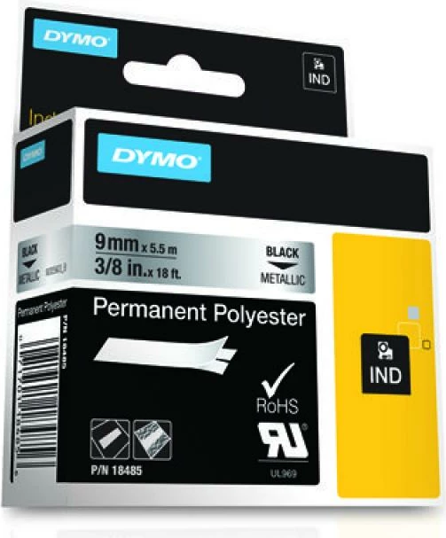 shirit etiketimi industrial, Dymo, 18485, poliester i përhershëm 9mm x 5.5m, i zi metalik