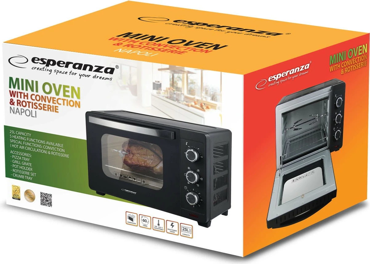 Furrë mini konvekcioni Esperanza Napoli EKO006N, 25L, 1600W, e zezë