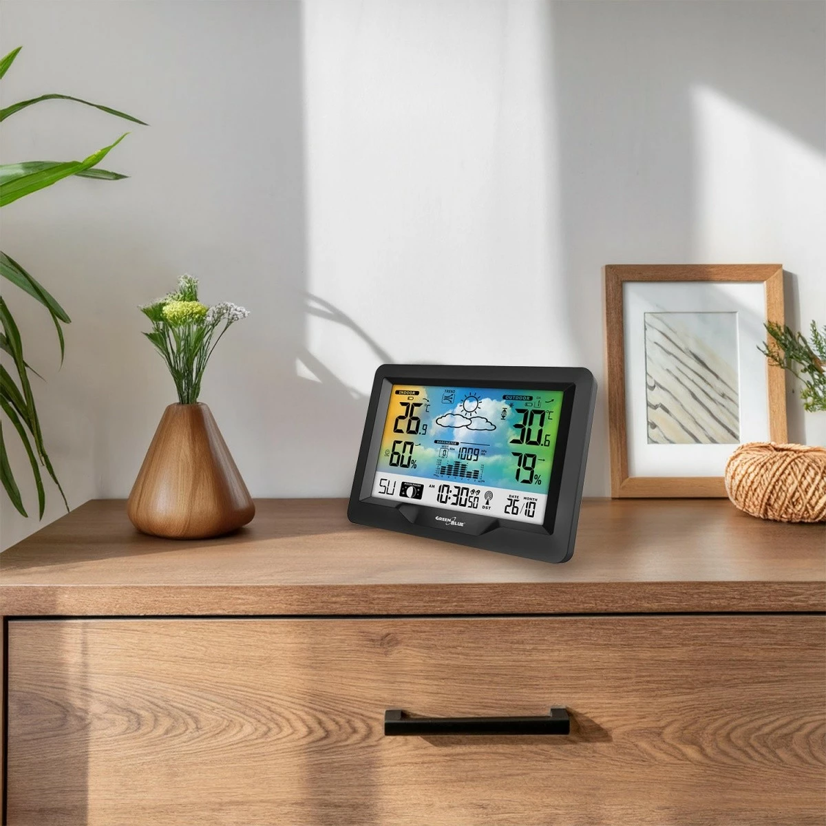 Stacion moti pa tela GreenBlue GB540N me indikator komoditeti, matje lagështie, fazat e hënës, orë DCF, zi