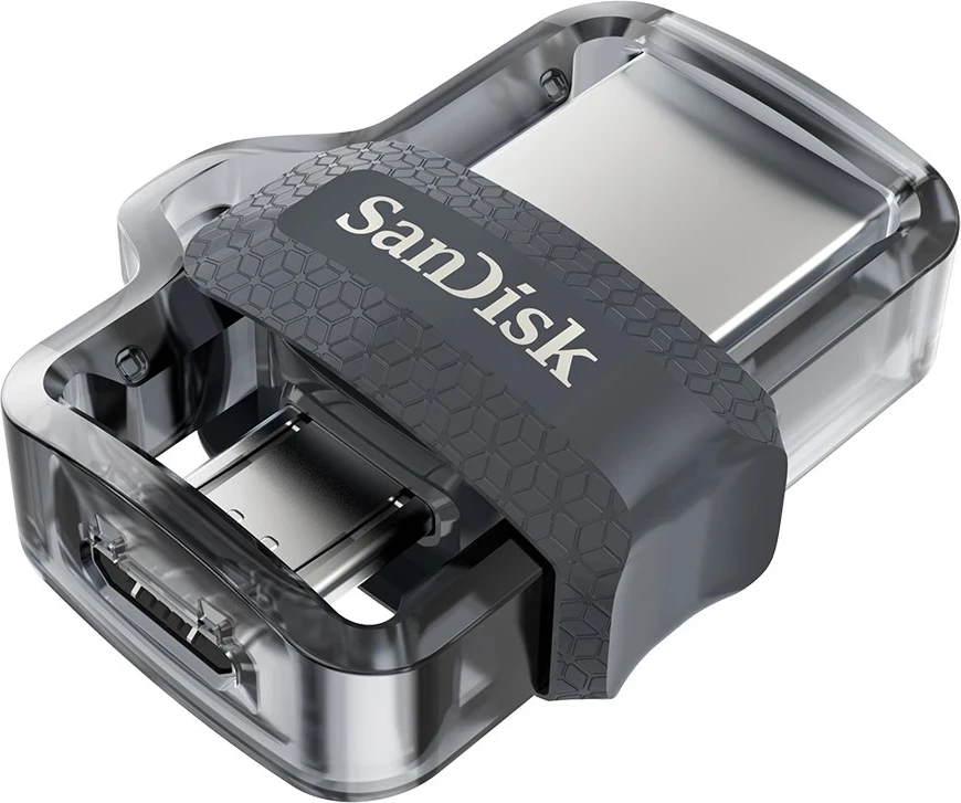 USB Flash SanDisk Ultra Dual m3.0, 64 GB, USB Type-A / Micro-USB 3.2 Gen 1 (3.1 Gen 1), E zezë, Argjendtë, Transparent