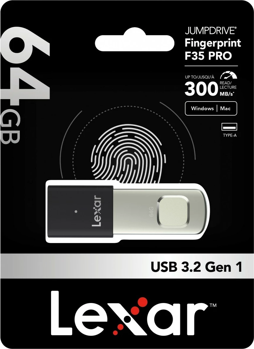 Pendrive Lexar F35pro, 64GB, USB 3.2 Gen1, me lexues gjurmësh gishti, Zi/Metal