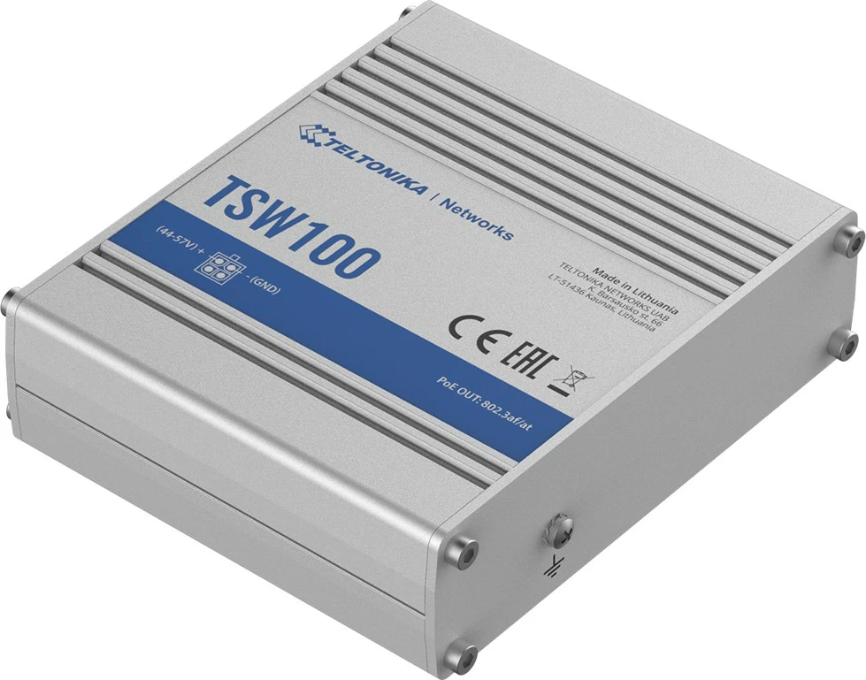 Switch industrial TELTONIKA TSW100, 5xGigabit, 4xPoE+, Desktop/Rack, Argjend
