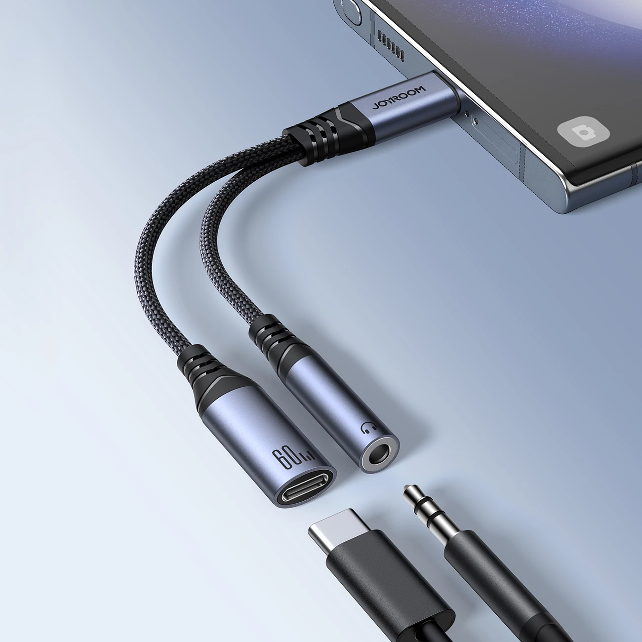 Adapter 2-në-1 Joyroom SY-C02, USB-C në USB-C/3.5mm mini jack, i zi