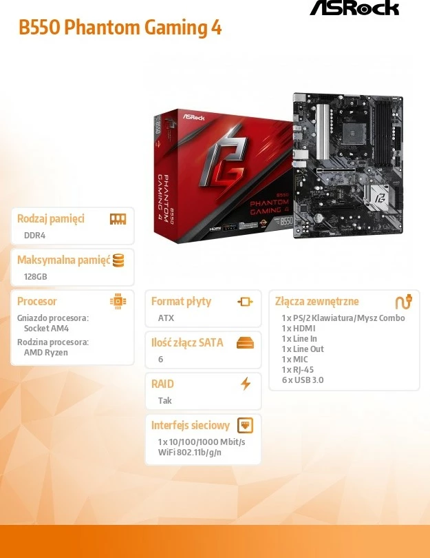 Pllakë amë ASRock B550 Phantom Gaming 4, Socket AM4, ATX, e zezë