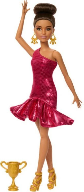 Kukull Barbie Mattel Dance Performer JFR09 me fustan të kuq dhe trofe