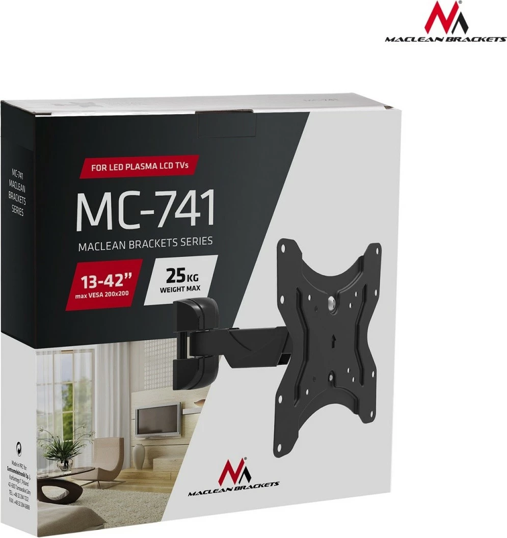 Mbajtës muri për TV ose monitor Maclean MC-741, 13-42 inç, 25kg, i zi