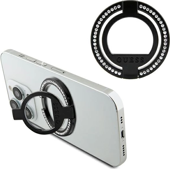 Mbështjellës Guess MagSafe Ring Stand me kristale, për celular, i zi