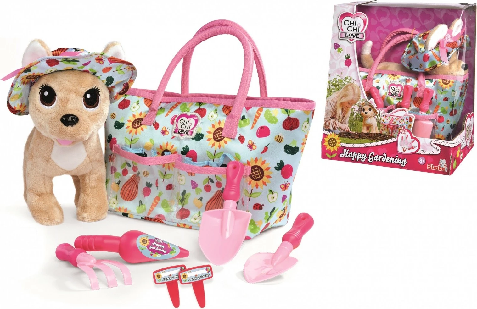 Lodër pelushi Chi Chi Love Puppy Mascot Happy Gardener me çantë dhe 6 aksesorë, shumëngjyrëshe