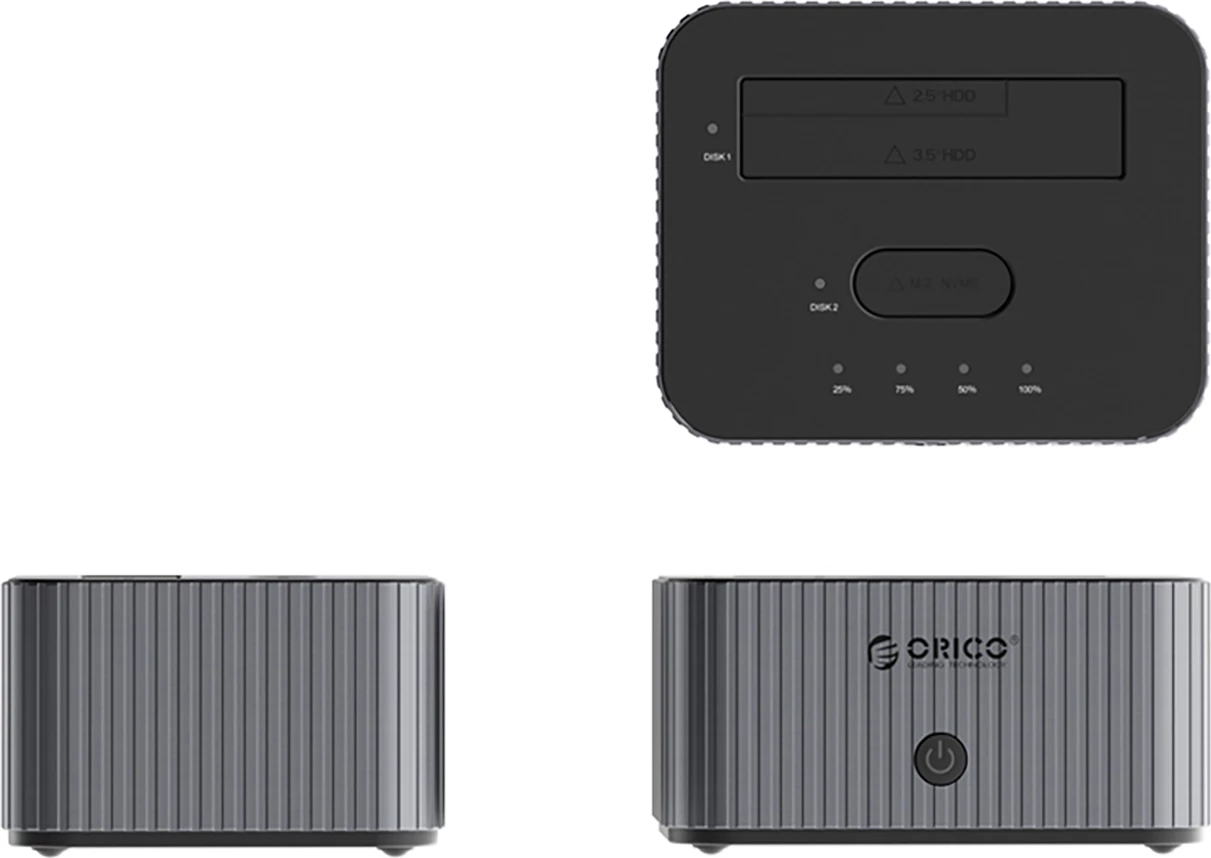 Kasë Orico IT28E-C për 2 disqe, me klonim offline, USB-C, Gri