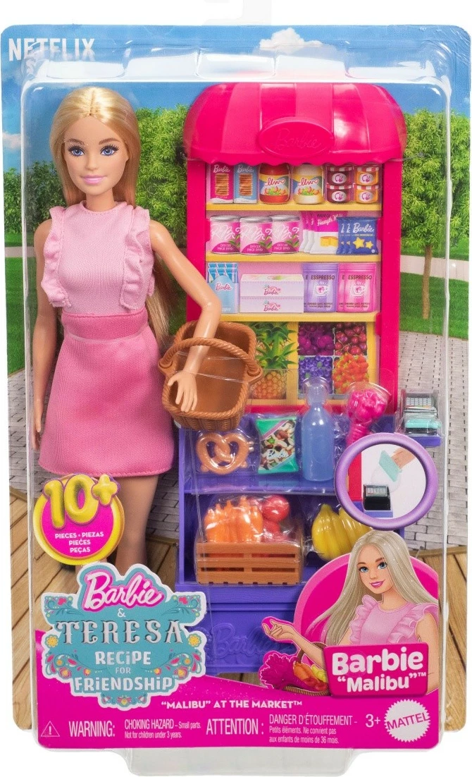 Set lodrash Barbie Mattel JCT05, Malibu Doll Shopping, me stendë dyqani dhe aksesorë, rozë