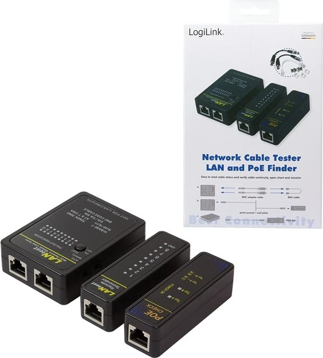 Testues Kabllash Logilink WZ0015P, për RJ11, RJ45 dhe BNC, me njësi të largët dhe kërkues PoE, ngjyrë e zezë