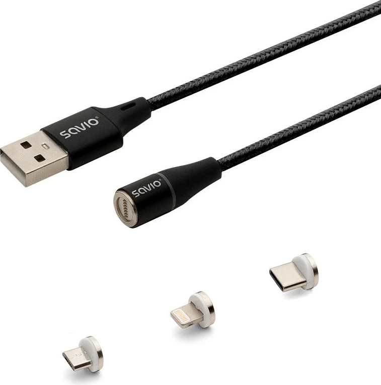 Kabllo magnetik USB Savio CL-152, 1m, 3 konektorë (Type-C, Micro, Lightning), Zi