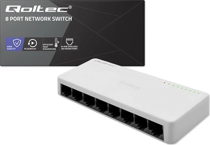 Switch Qoltec 52246, 8 porta RJ45, Fast Ethernet 100Mbps, i bardhë