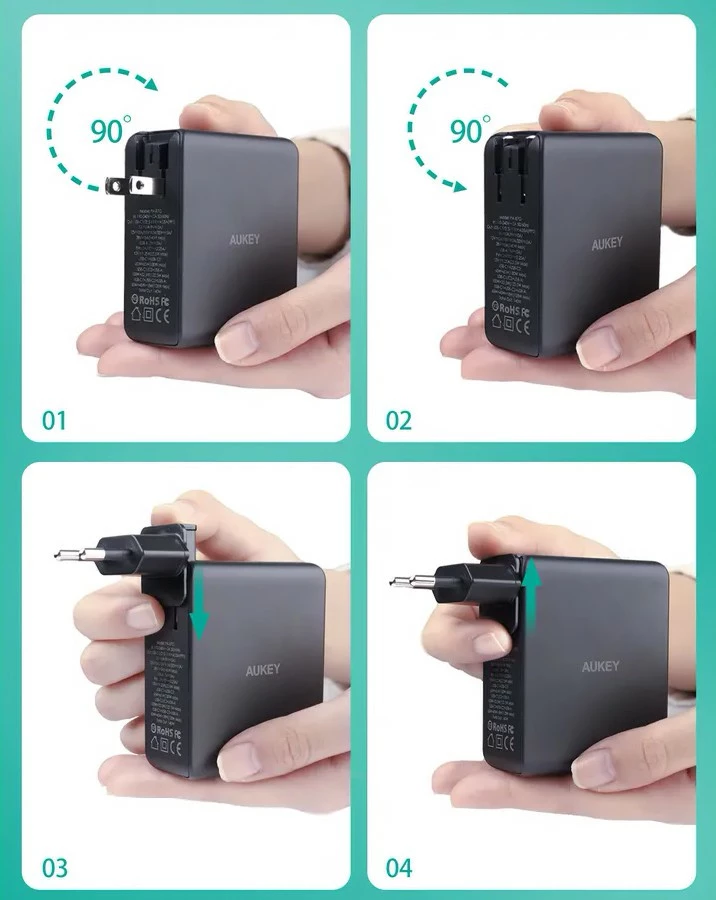 Karikues murit AUKEY PA-B7O Omnia II, 140W, 3xUSB (2xUSB-C + 1xUSB-A), i zi, me adapterë ndërkombëtarë