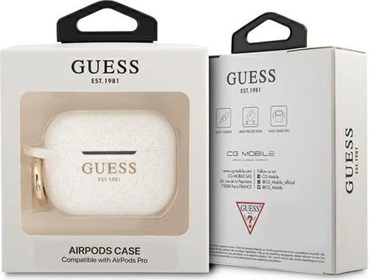 Mbështjellës Guess për AirPods Pro, silikon, i bardhë me shkëlqim