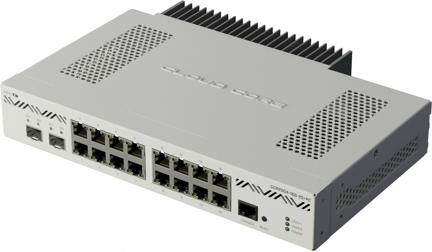 Router me tela MikroTik CCR2004-16G-2S+PC, 16 porta Gigabit, 2 porta SFP+, i bardhë
