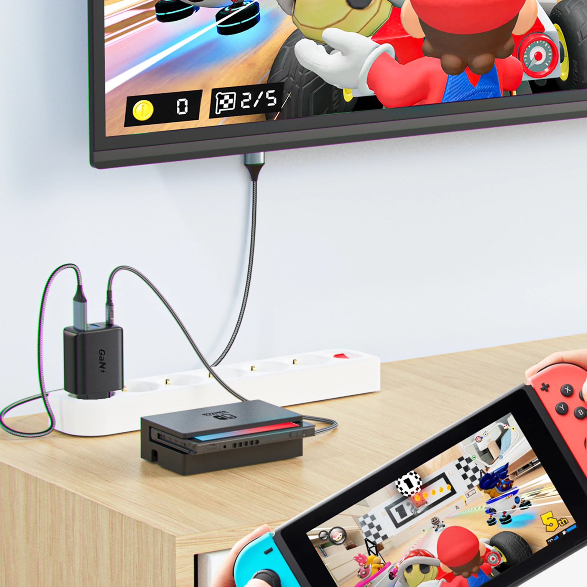 Karikues i shpejtë 2-në-1 Acefast A17, 65W, GaN, USB-C/USB-A, HDMI 4K, me kabllo, zi