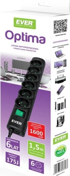 Prizë mbrojtëse EVER Optima T/LZ08-OPT050/0000, 6 dalje, 5m, e zezë