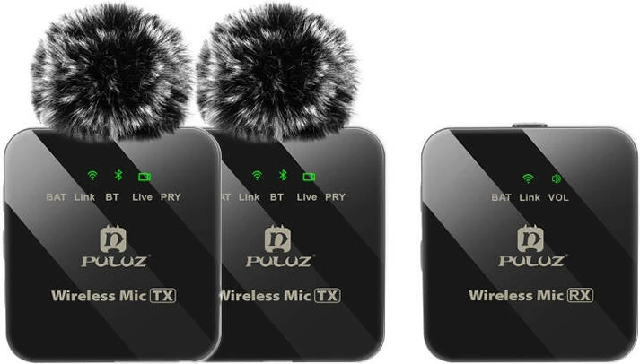 Mikrofon lavalier wireless Puluz PU3154B, 2 transmetues + 1 marrës, i zi