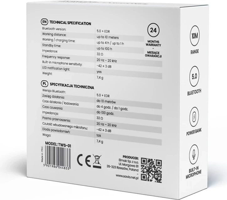 Kufje me bluetooth Savio TWS-01, e bardhë