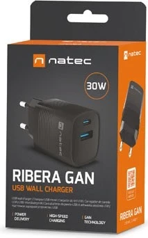 Karikuesi NATEC RIBERA GAN, 1X USB-A + 1X USB-C 30W, i zi