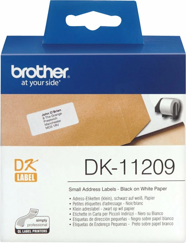 Etiketa adrese Brother DK-11209, 800 copë, 29mm x 62mm, bardhë/zi