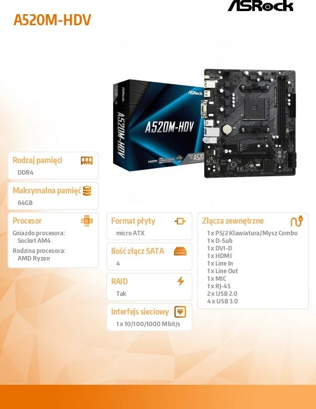 Pllakë amë ASRock A520M-HDV, Socket AM4, micro ATX