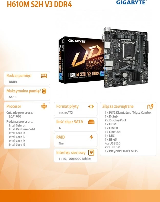 Pllakë amë Gigabyte H610M S2H V3 DDR4, Socket LGA1700, micro ATX