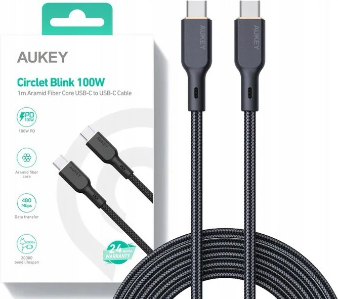 Kabllo USB-C në USB-C AUKEY CB-KCC101, 1m, Kevlar, 100W, E zezë