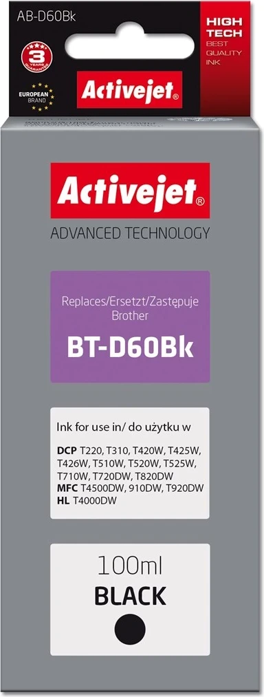 Ngjyrë zëvendësuese Activejet AB-D60BK ink për printer Brother BT-D60BK, 100ml, e zezë