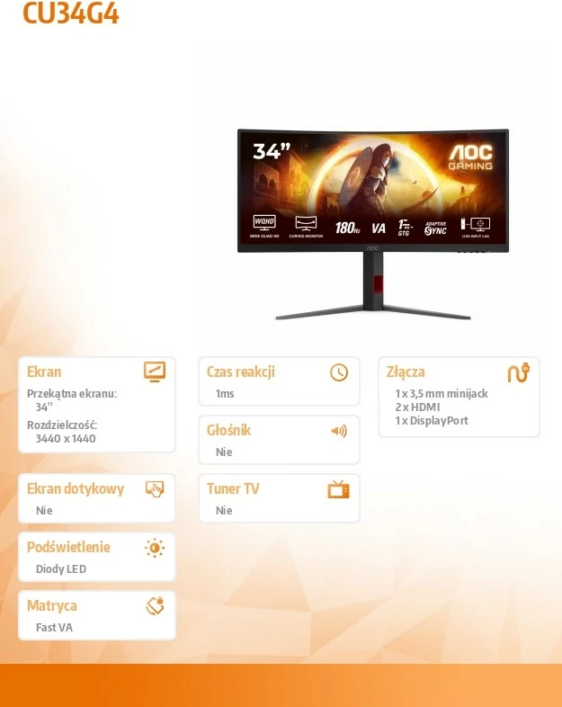 Monitor AOC CU34G4, 34", 180Hz, VA, WQHD, i zi i lakuar
