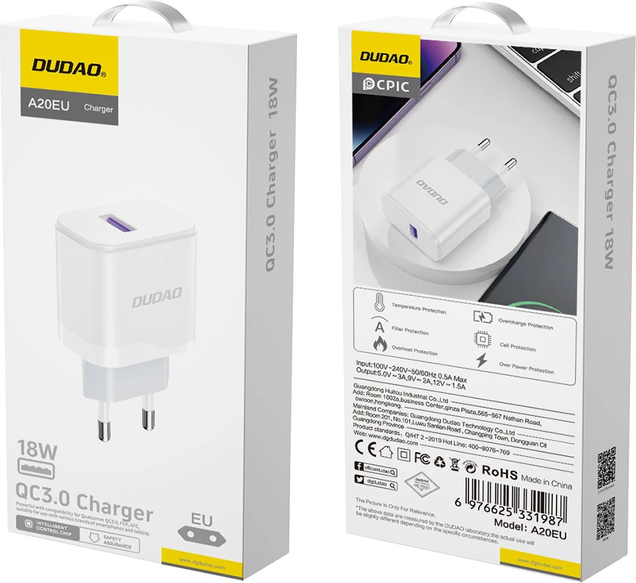 Karikues muri Dudao A20EU, 18W, USB-A, i bardhë