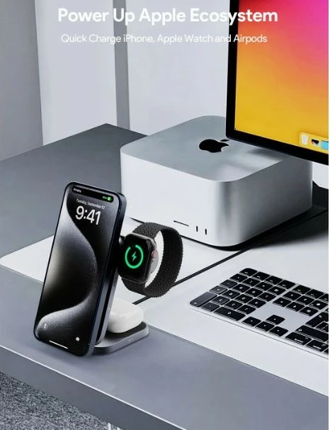 Qëndrim karikues 3-në-1 AUKEY MagFusion Z, MagSafe, i palosshëm, i zi