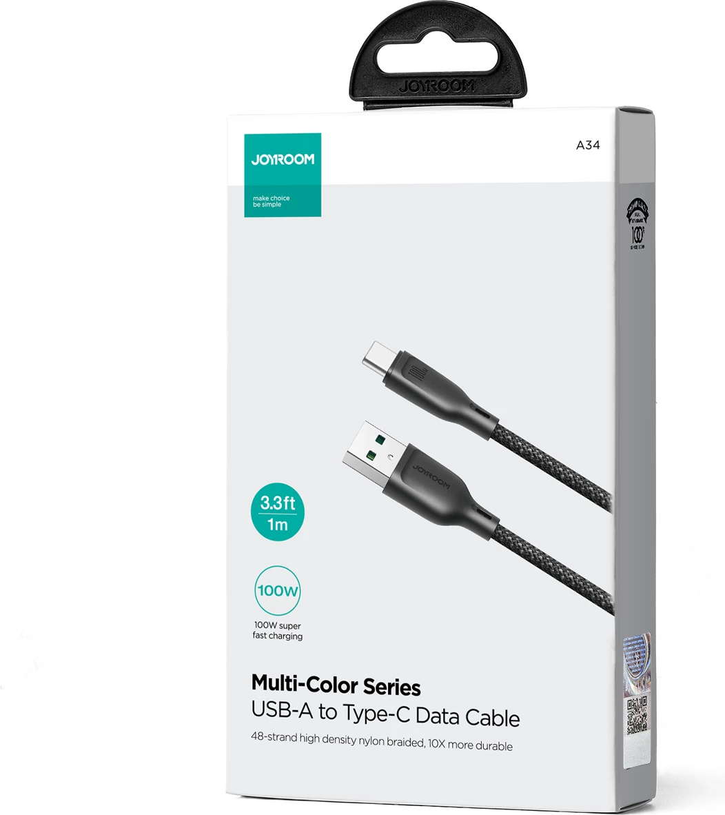 Kabllo Joyroom Multi-Color Series S-A34, USB-A në USB-C, 100W, 1m, e zezë