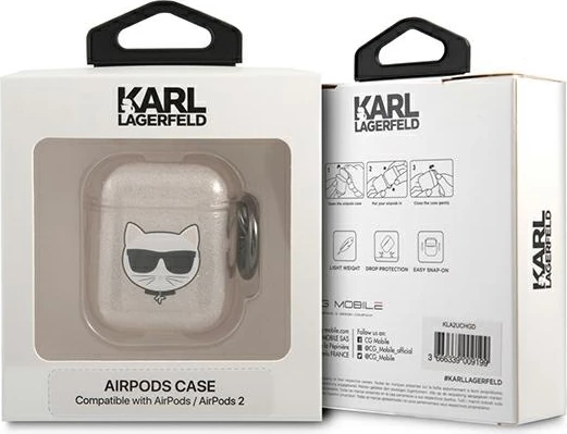 Mbështjellës Karl Lagerfeld Choupette Head për AirPods 1/2, TPU, Ari me shkëlqim