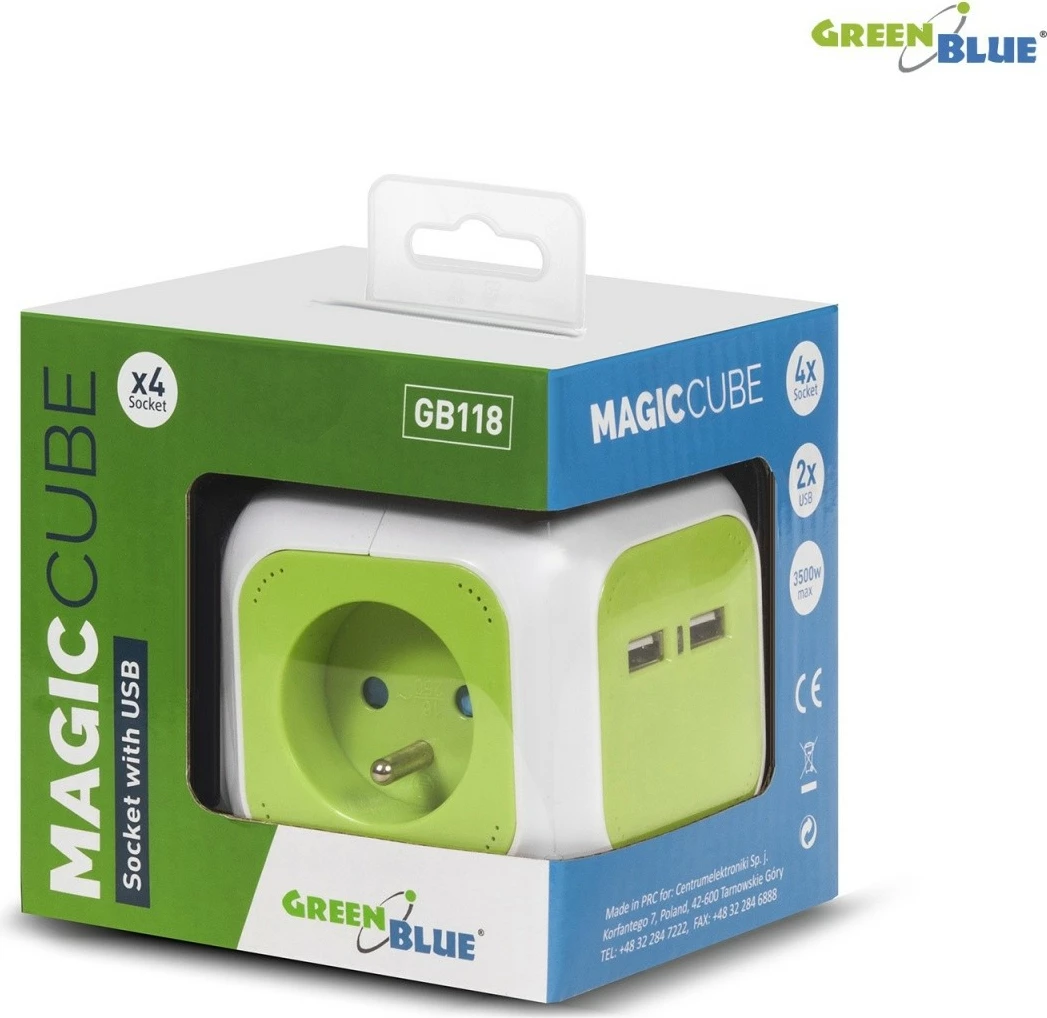 Prizë shumëdaljeshe GreenBlue MagicCube GB118, 4 dalje, 2 porta USB, 1.4m, bardhë/jeshile